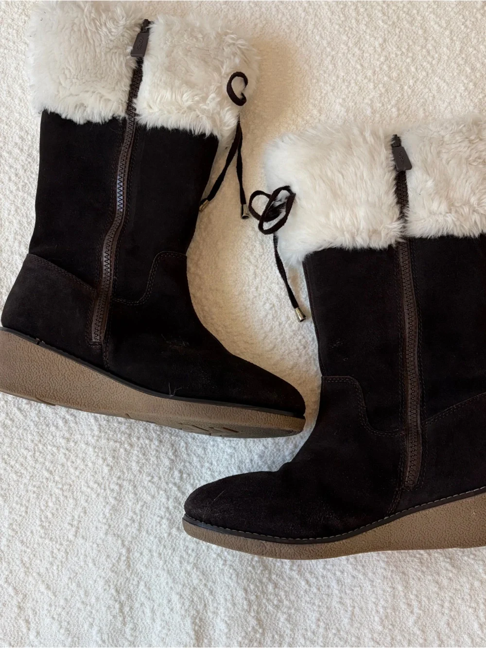 Vintage Michael Kors Brown Suede “Coco” Wedge Boots with White Faux-Fur Cuff